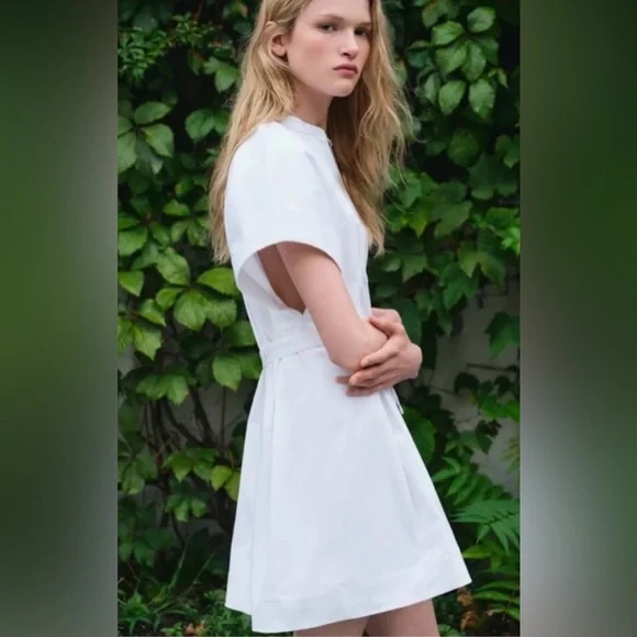 ZARA White Belted Mini Dress Pleated Short Sleeve Size S - Picture 6 of 15